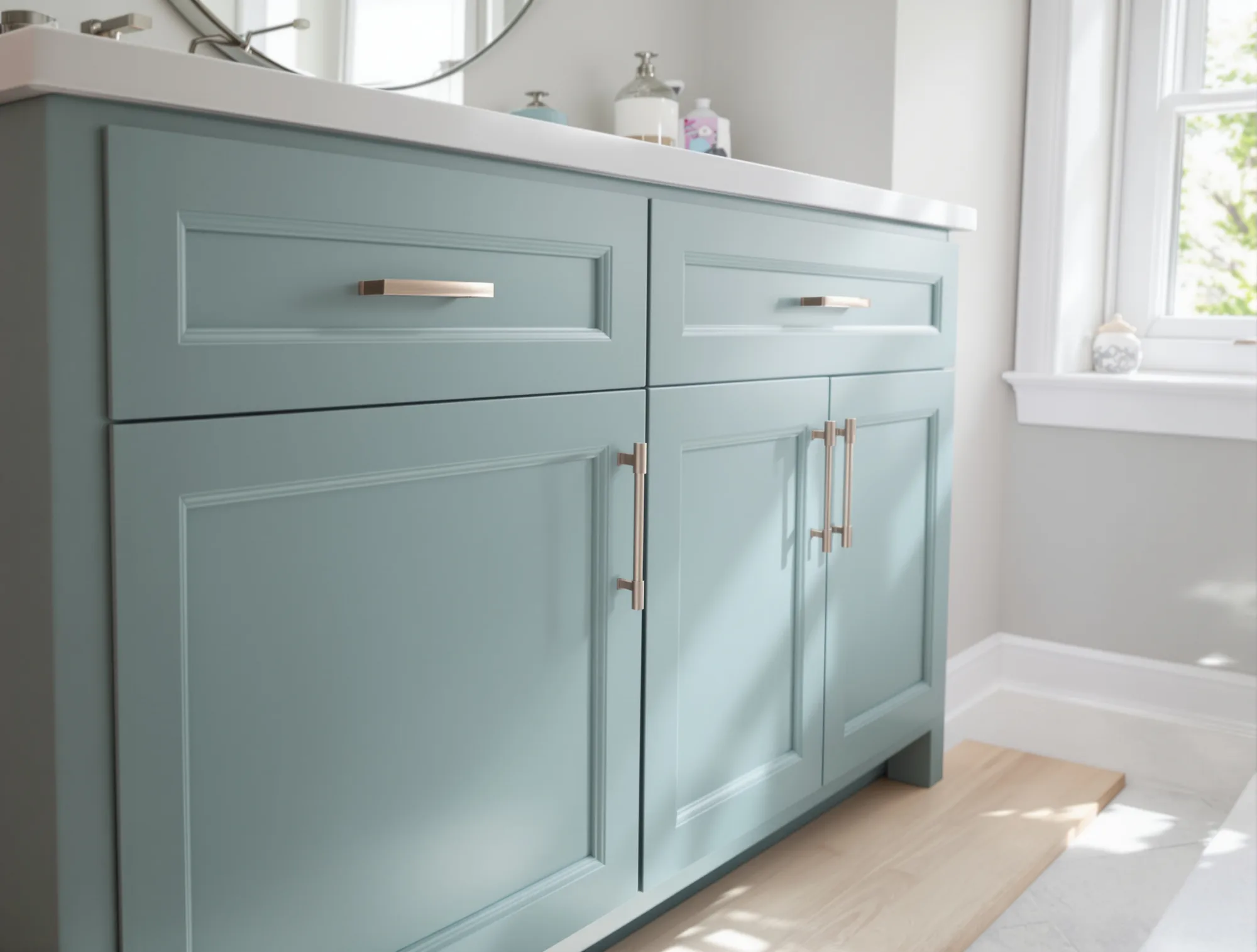 Bathroom vanity with freshly painted muted blue green doors and drawers and brushed nickel pulls