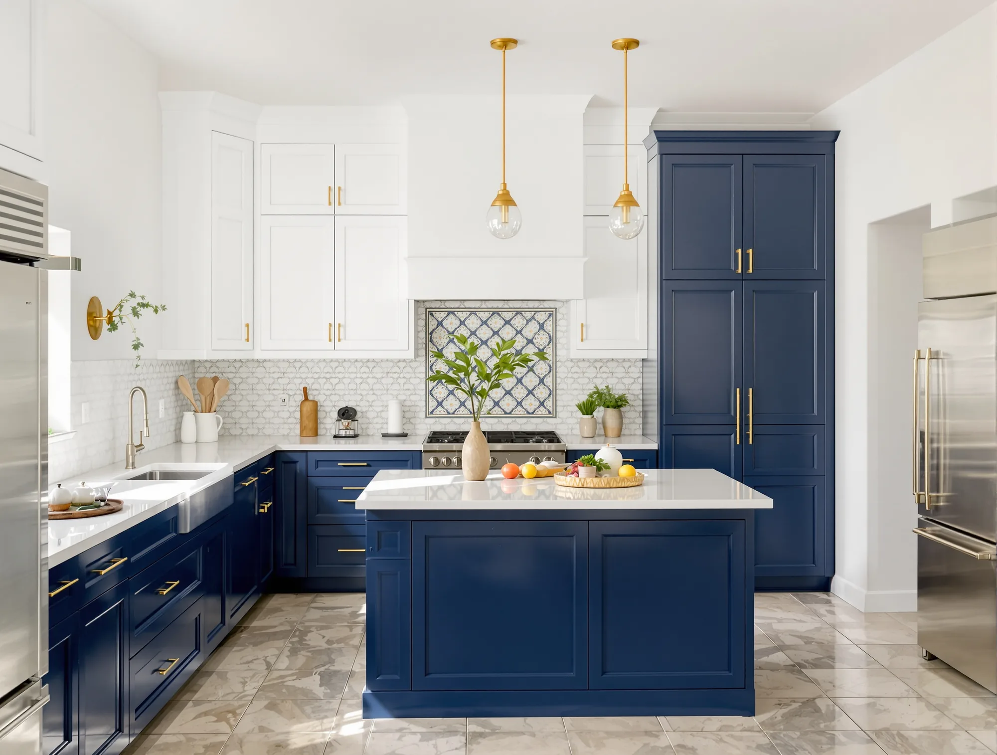 Southwestern kitchen with warm white upper cabinets, navy lower cabinets and island, and brass hardware