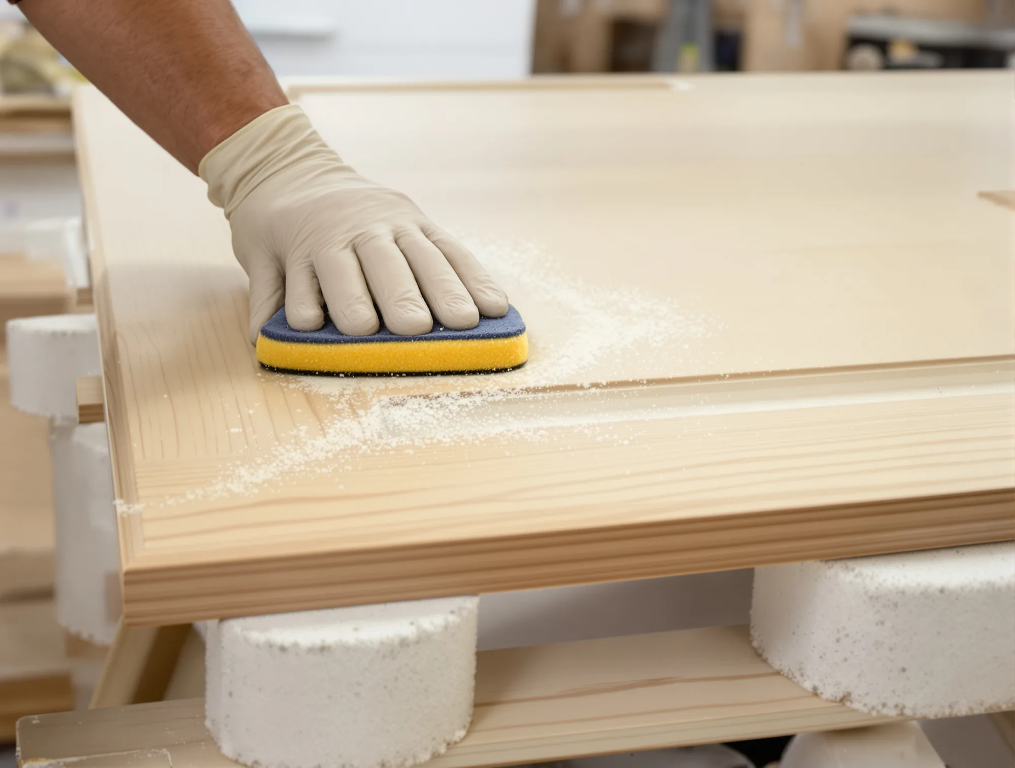 Gloved hand sanding a cabinet door on padded stands