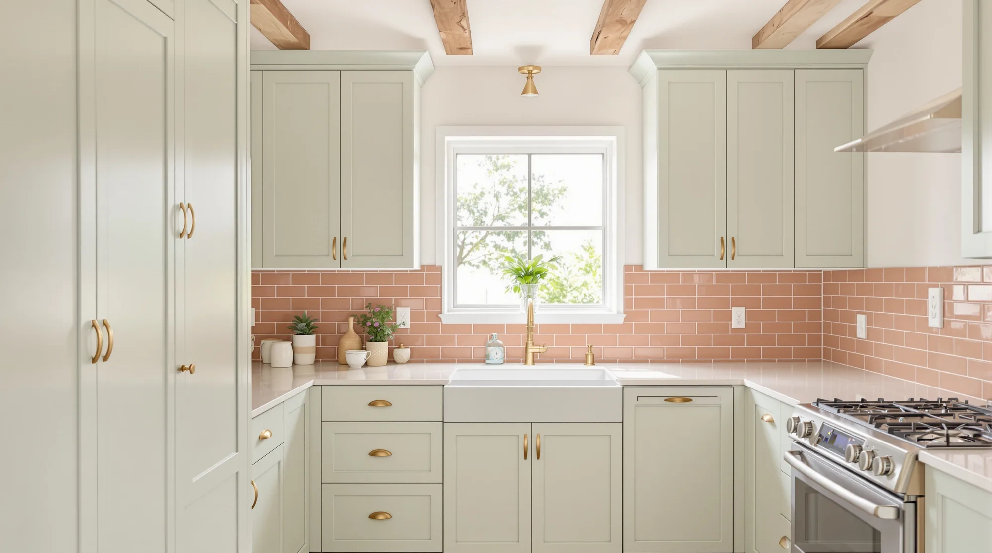 Bright kitchen with freshly painted soft sage shaker cabinets, brass pulls and a terracotta tile backsplash