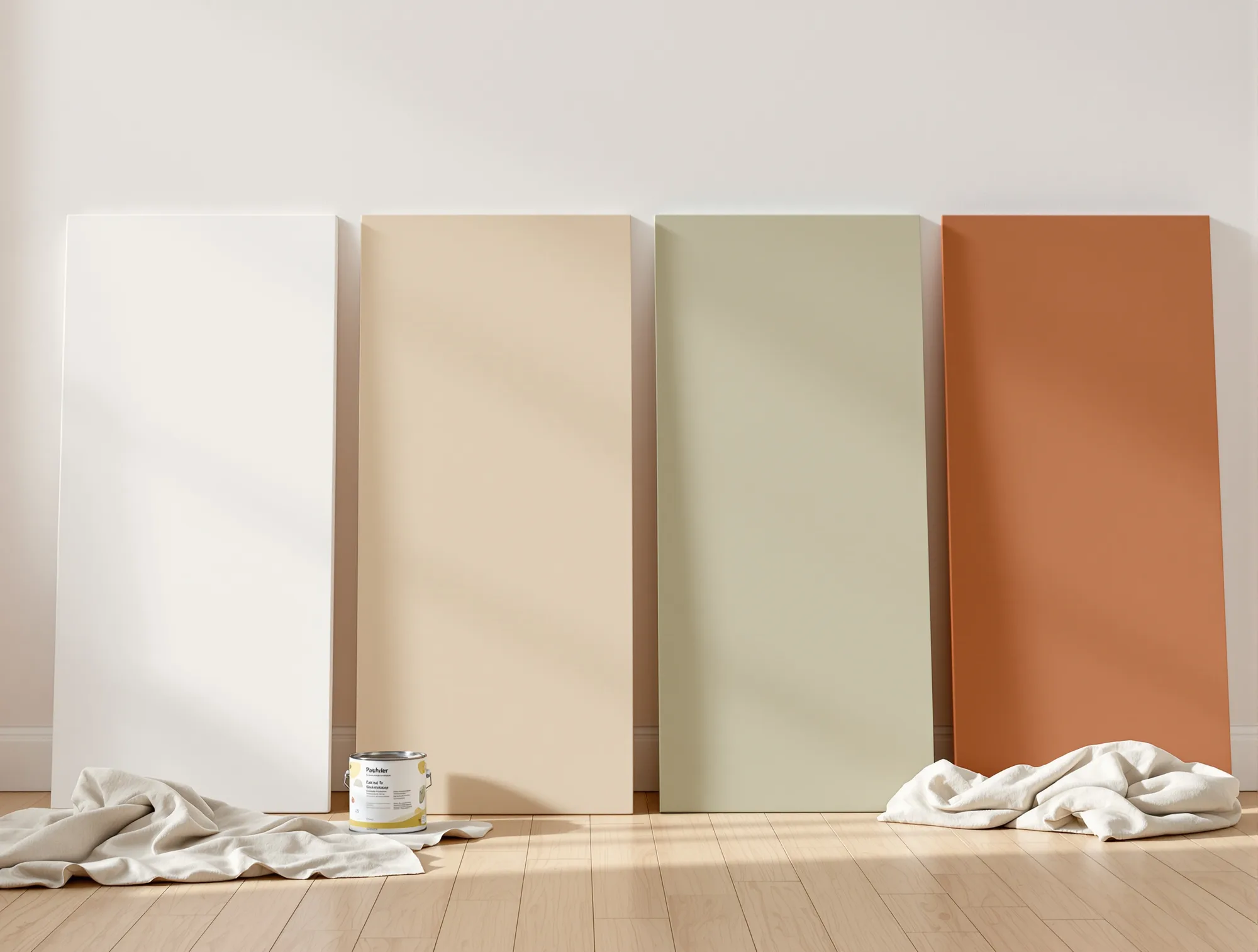 Large painted sample boards in warm white, greige, sage and clay against a wall