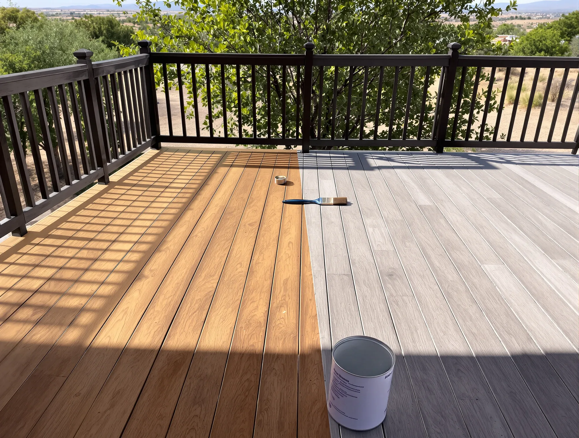 Backyard deck half stained cedar and half bare weathered gray wood with desert foothills beyond
