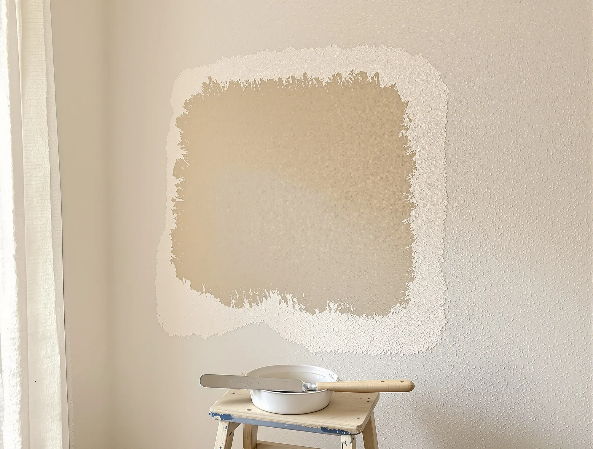 Drywall patch skimmed smooth on an orange peel wall, with a taping knife and mud pan on a step stool