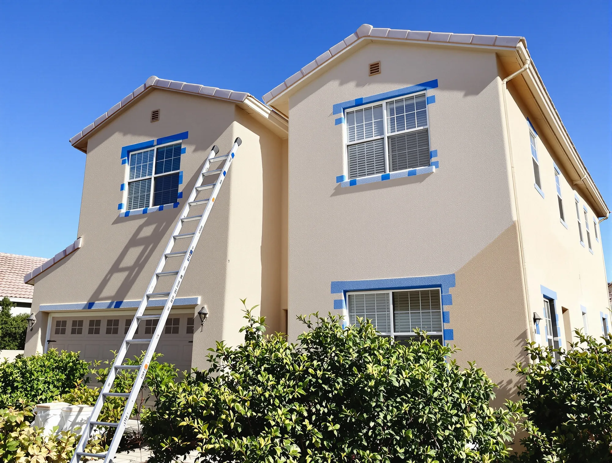 Two-story stucco house mid repaint with a ladder, masked windows and plastic over the shrubs
