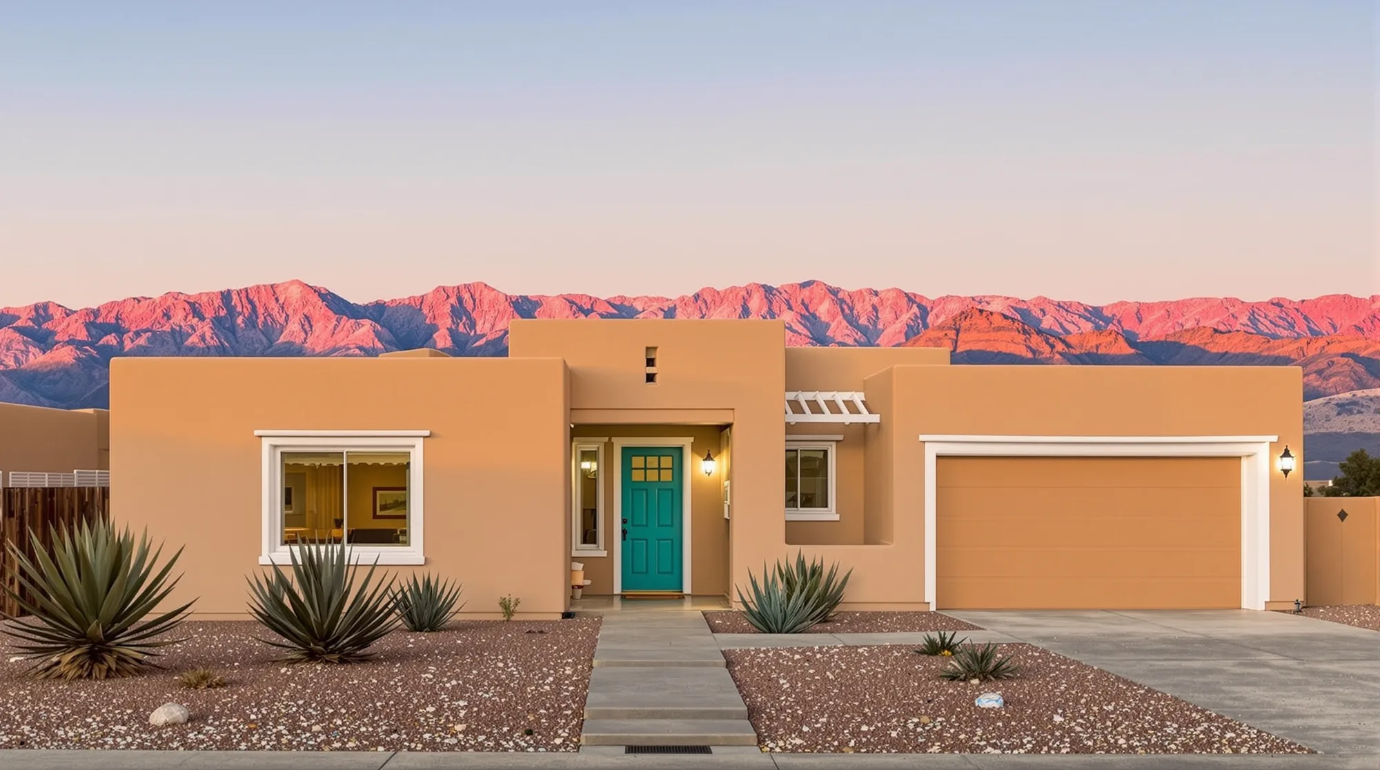 Freshly painted stucco home in Albuquerque at golden hour with the Sandia Mountains behind it