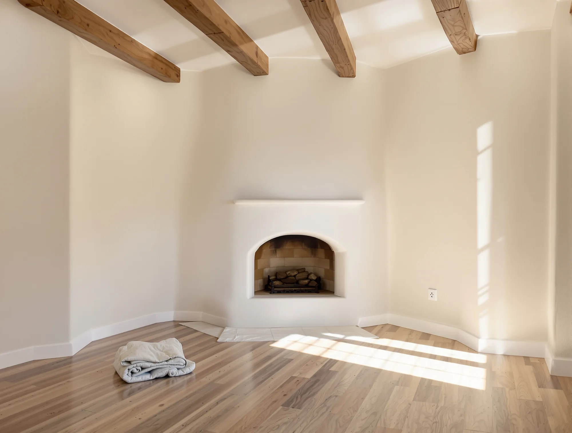 Living room freshly painted soft greige with a white ceiling, wood vigas and a kiva fireplace