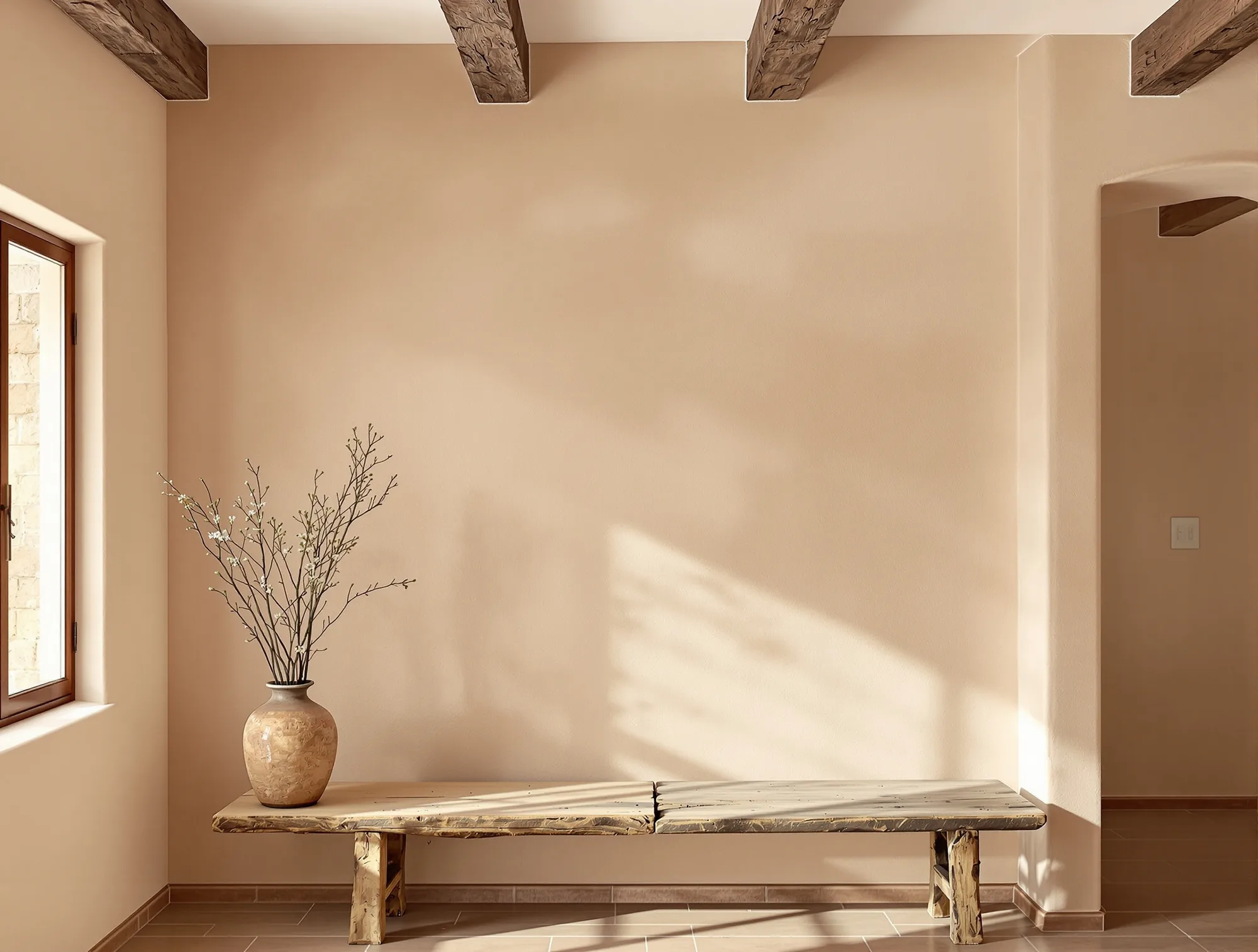 Interior wall in a soft clay lime wash look with a wooden bench and vase under wood vigas