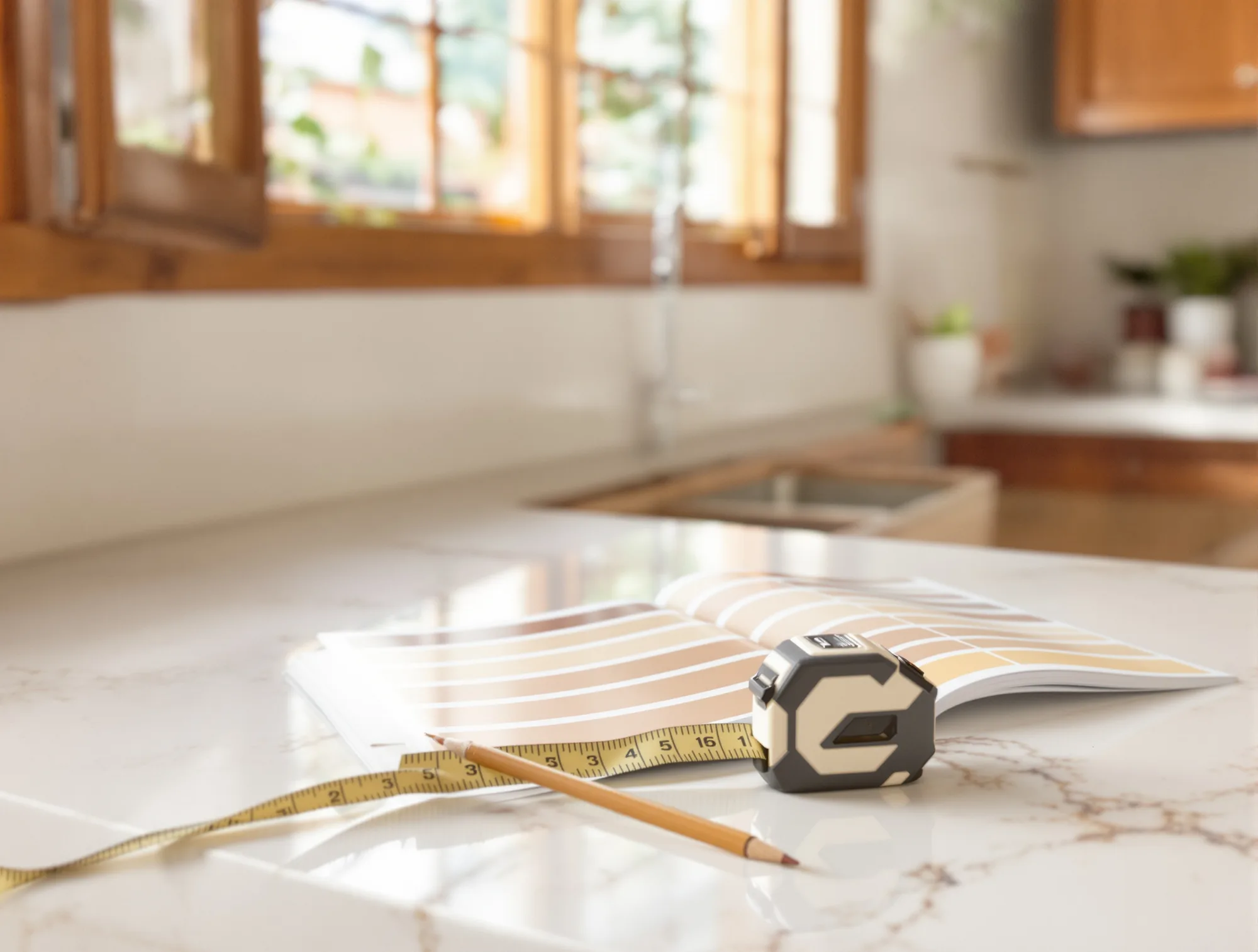 Tape measure, pencil and a paint color fan deck on a kitchen counter