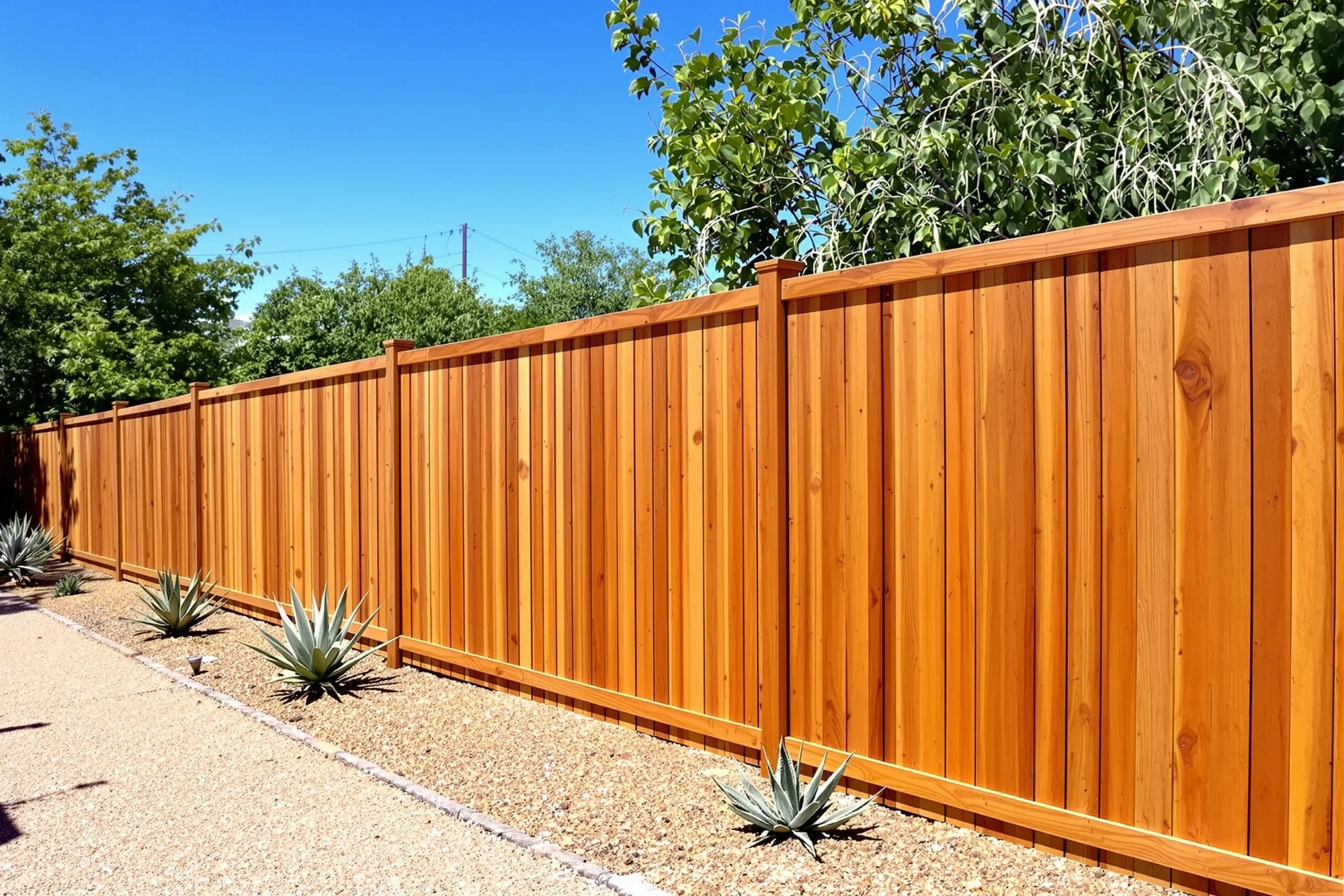 Long freshly stained cedar privacy fence in a backyard with gravel and desert plants