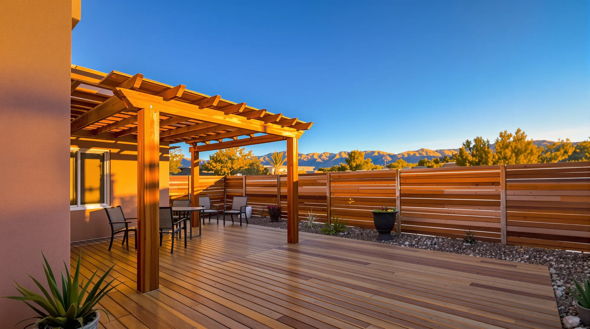 Freshly stained cedar deck and pergola behind a tan stucco home, a stained wood fence and the Sandia Mountains behind