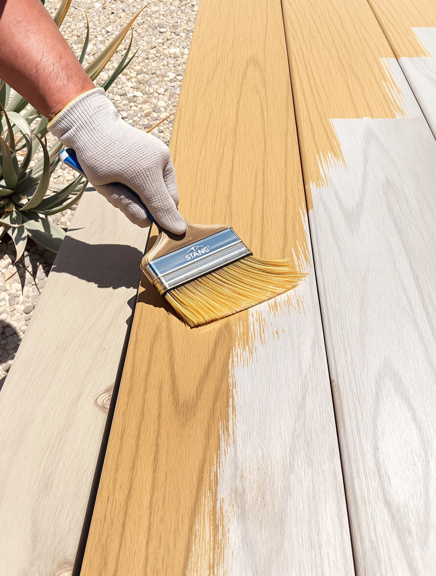 Gloved hand brushing warm cedar stain along a deck board, the unstained half still silvery gray