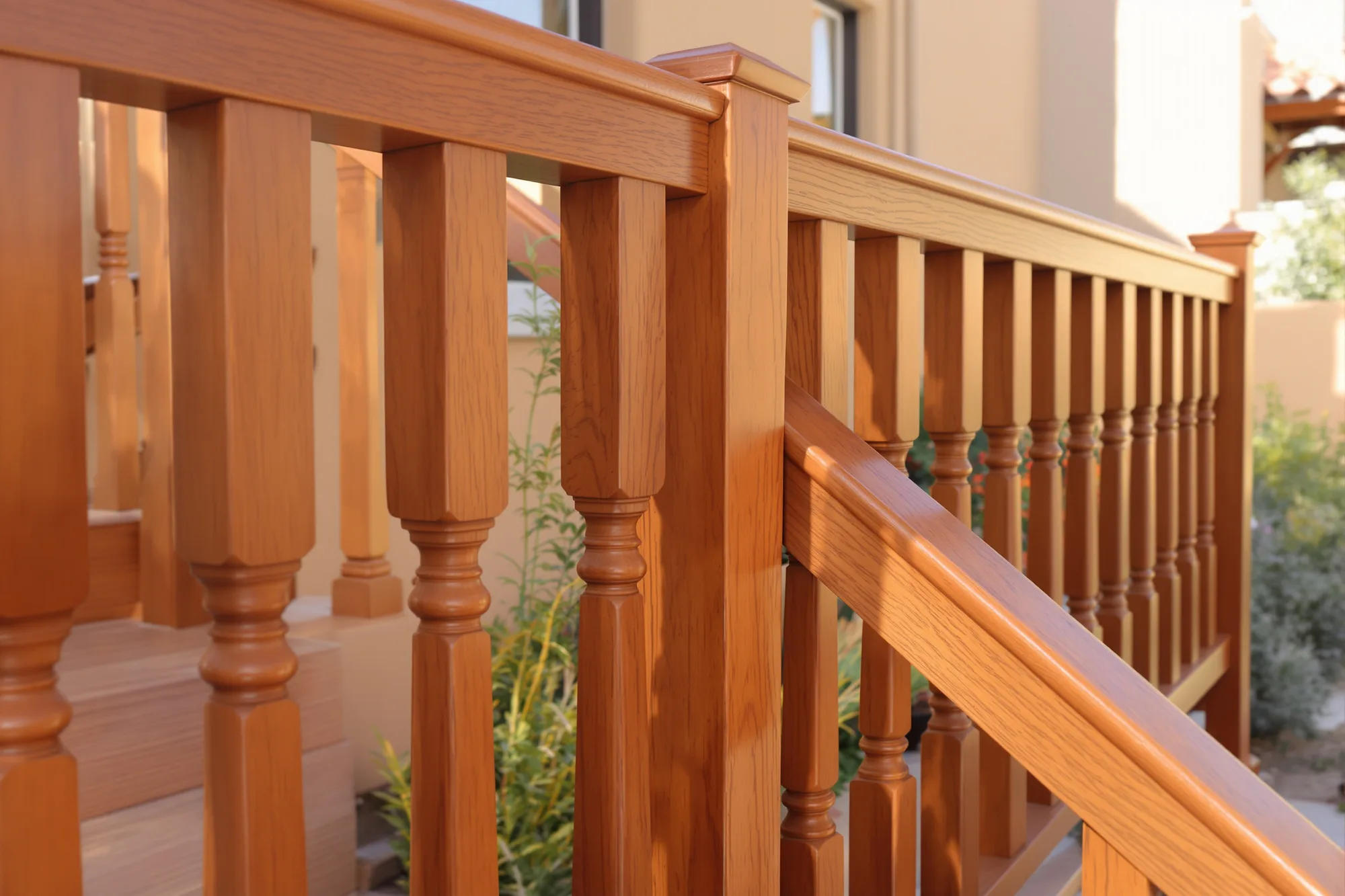 Freshly stained wood deck railings, balusters and stair treads with a smooth even finish