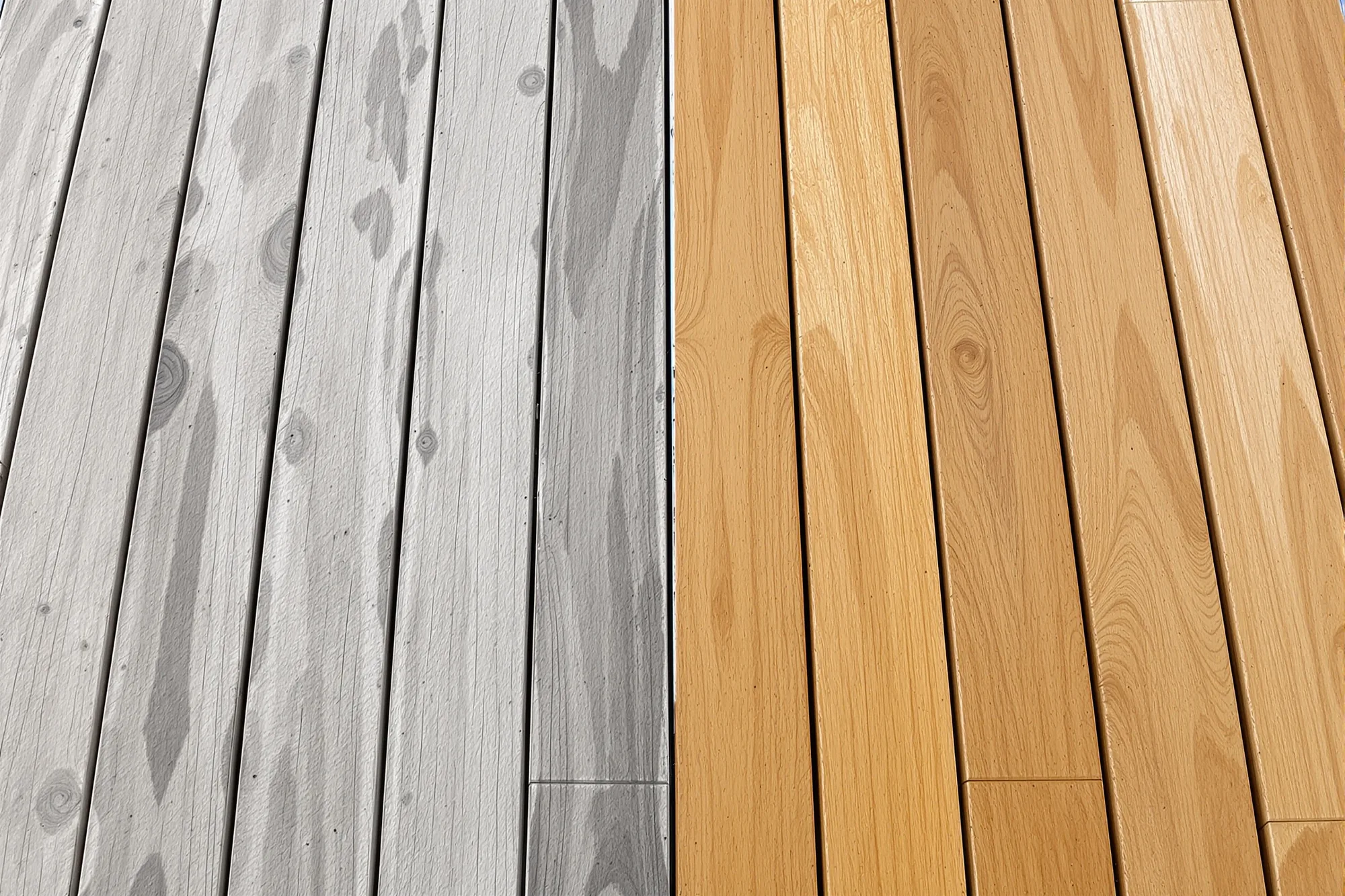 Deck boards with the left half weathered gray and peeling and the right half cleaned, sanded and stained