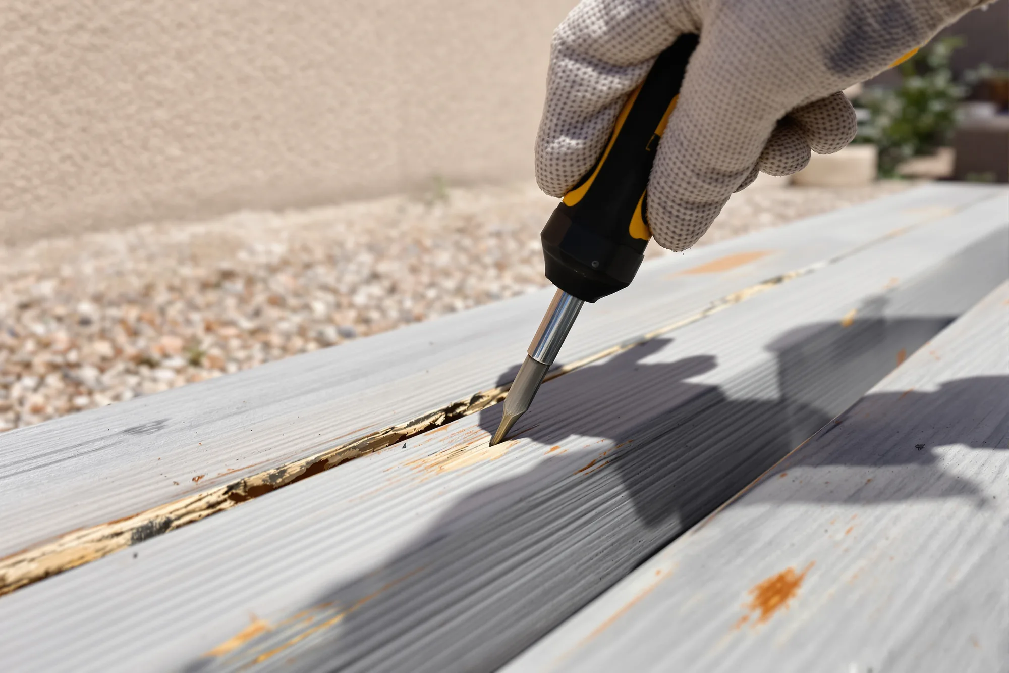 Gloved hand probing a weathered gray deck board with a screwdriver to check for soft wood
