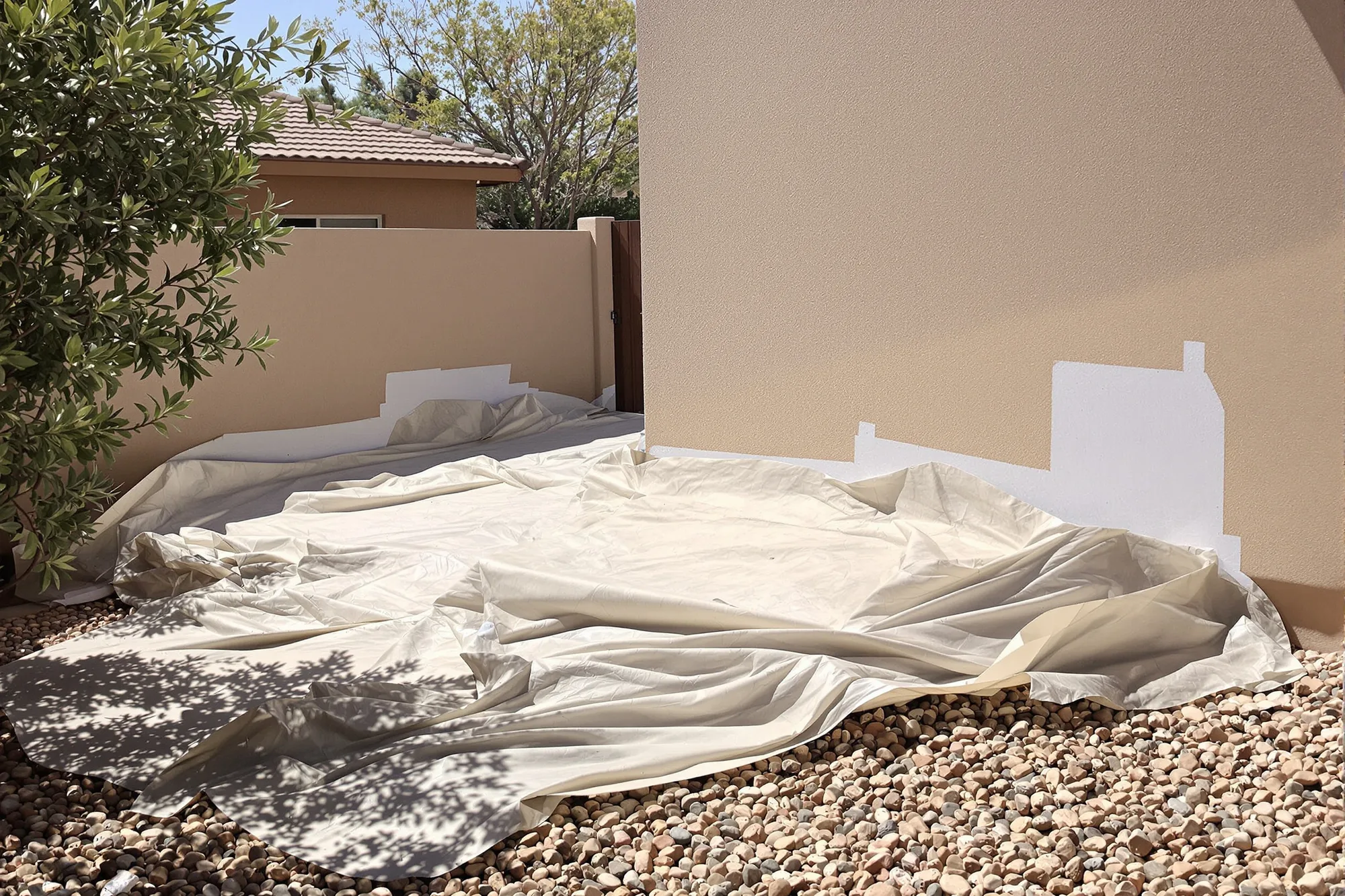 Drop cloths over desert plants and masking paper on the stucco along a deck