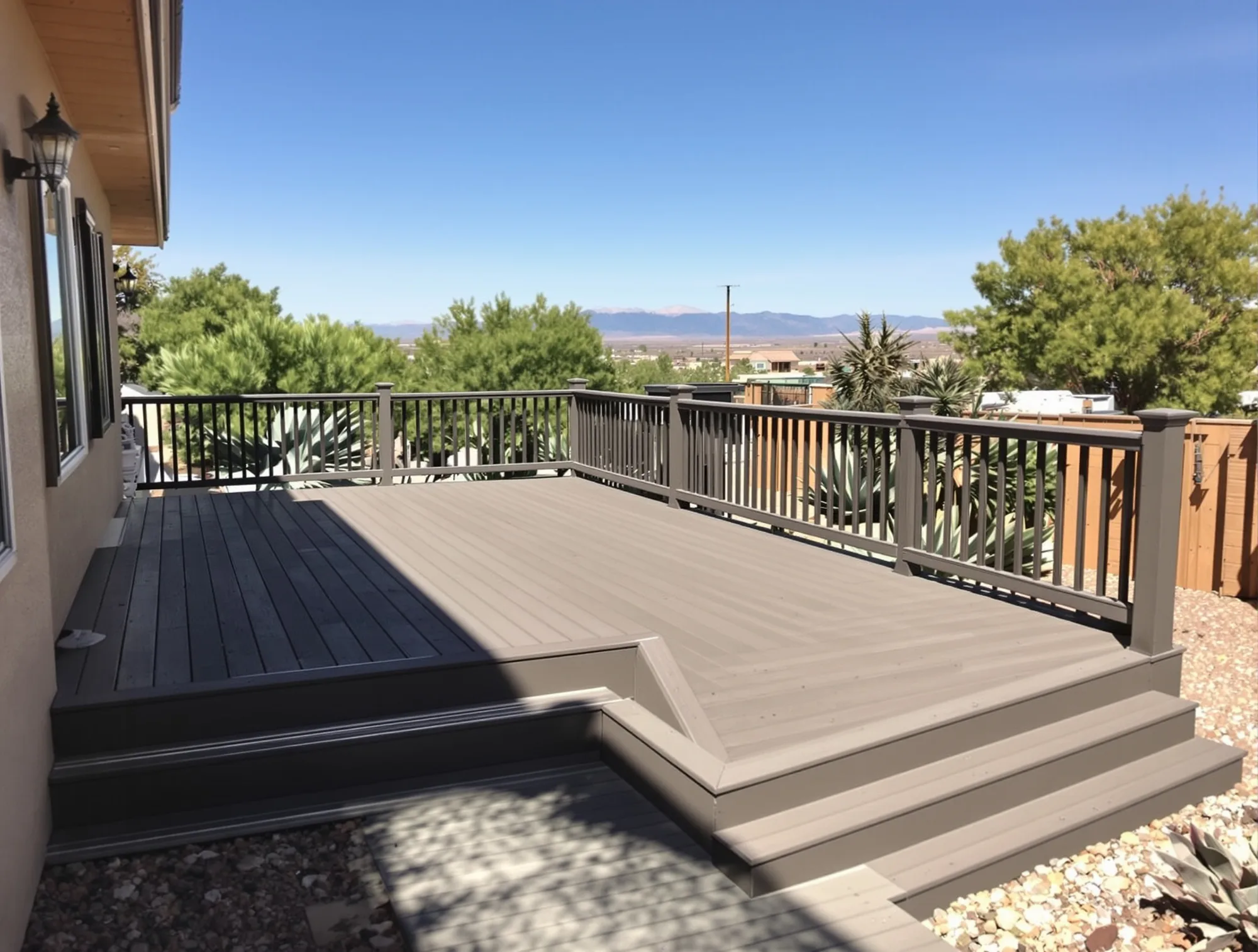 Deck boards with an opaque gray brown solid stain hiding the grain