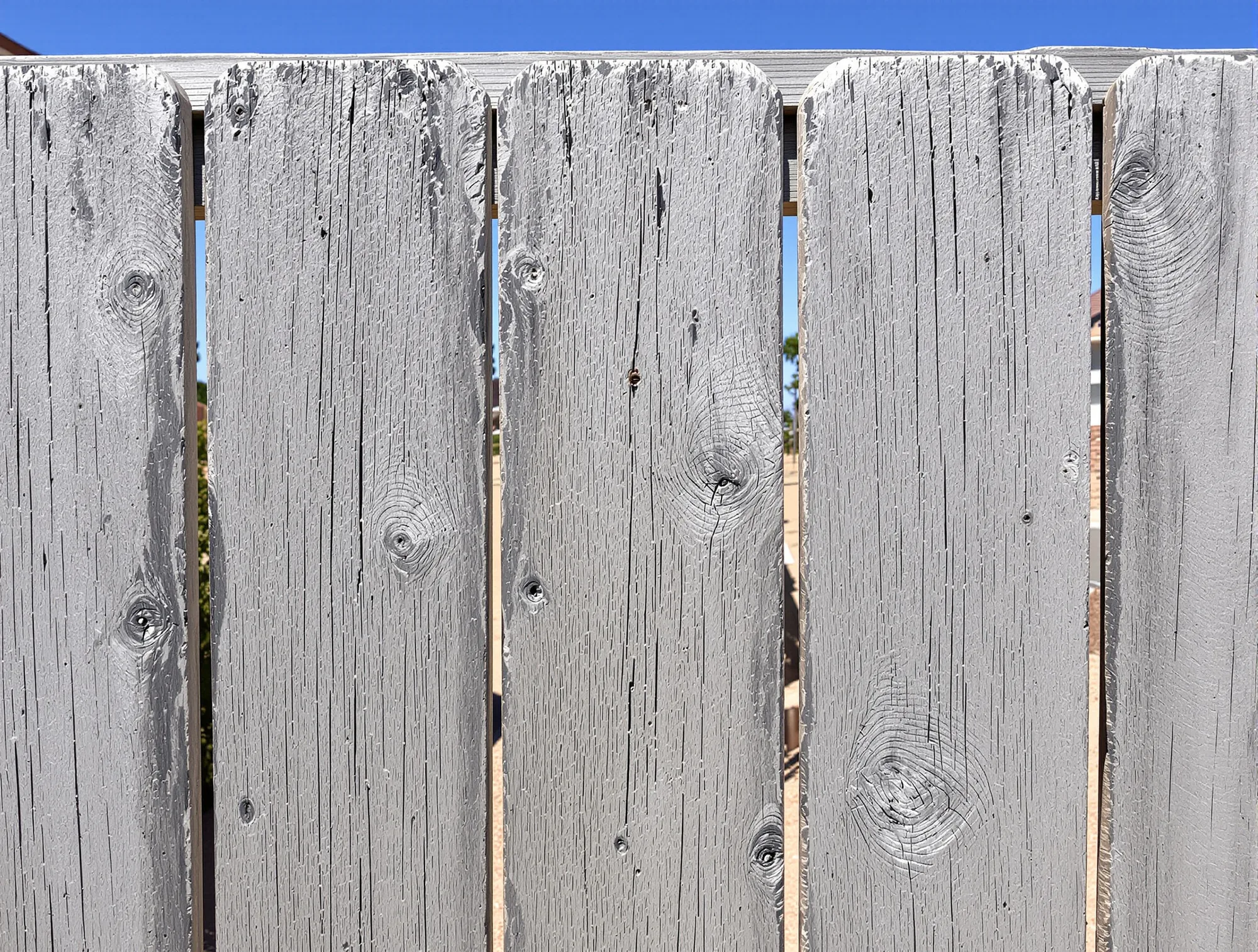 Close-up of sun-bleached silver gray fence boards in bright sunlight