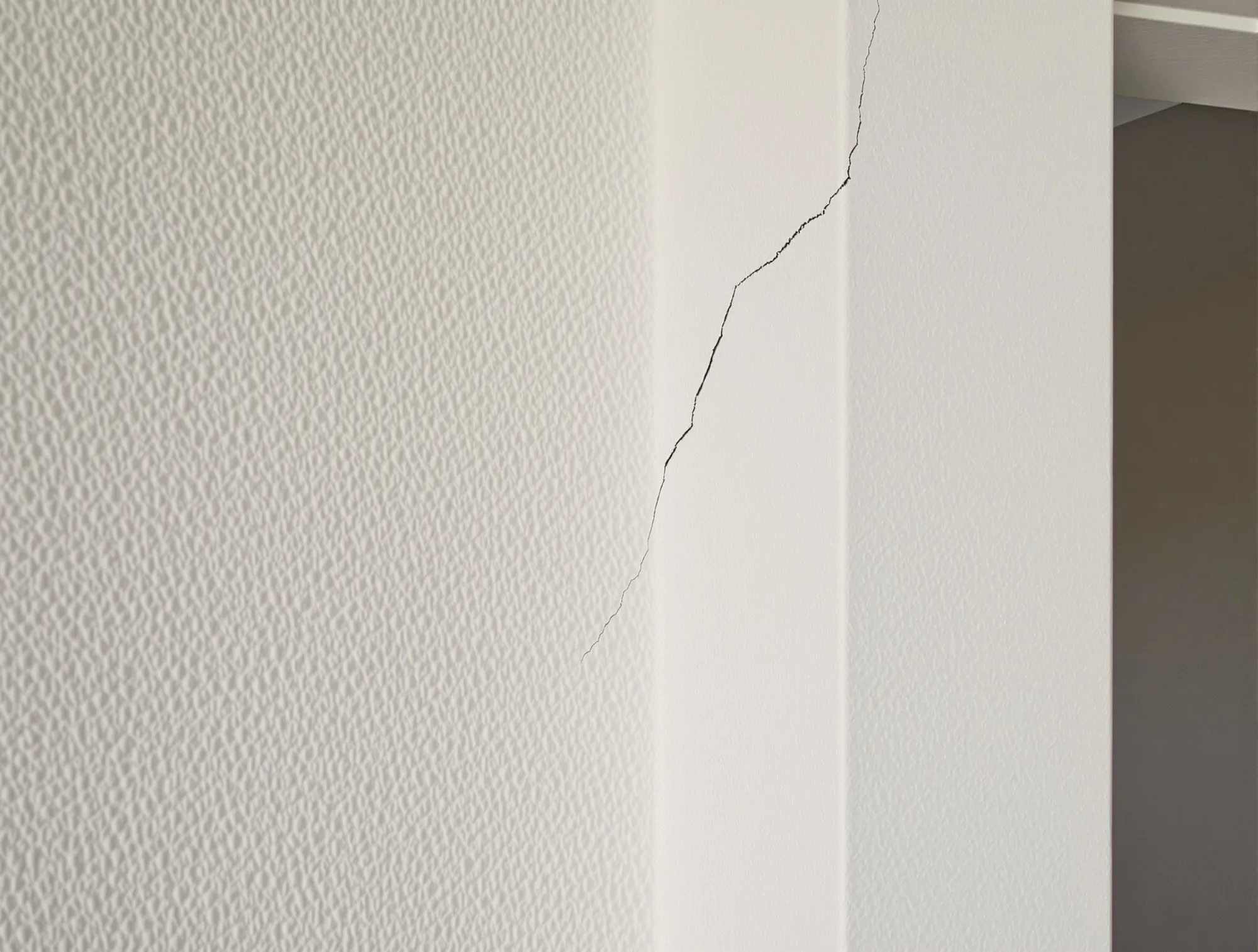Hairline crack running from the corner of a doorway across a textured off-white wall