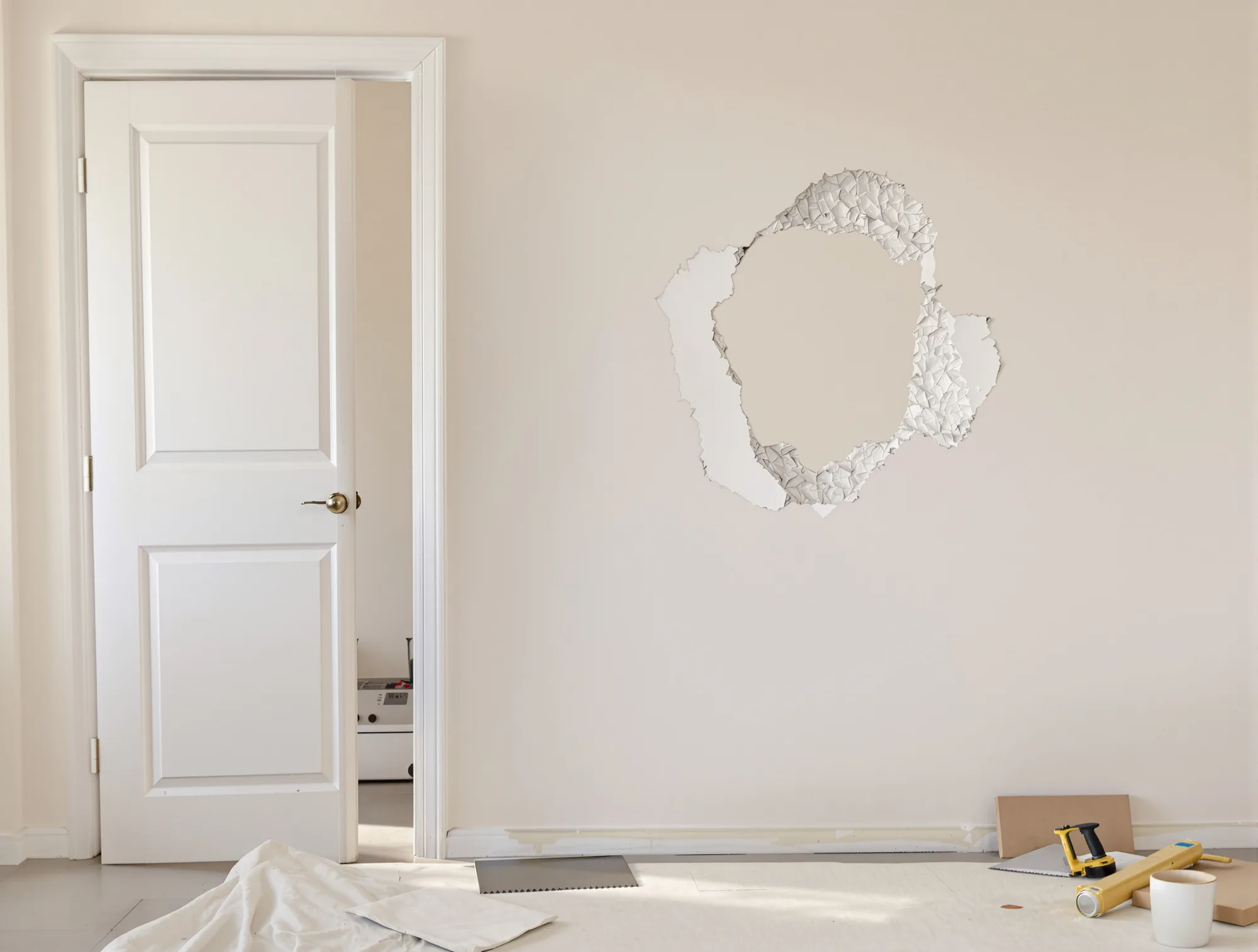 Hole in a drywall wall beside a neatly cut square patch piece and a drywall saw on a step stool