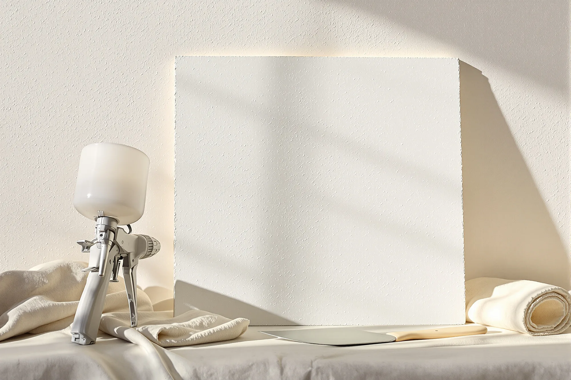 Sample board with matched knockdown texture beside a wall, with a texture hopper and knife