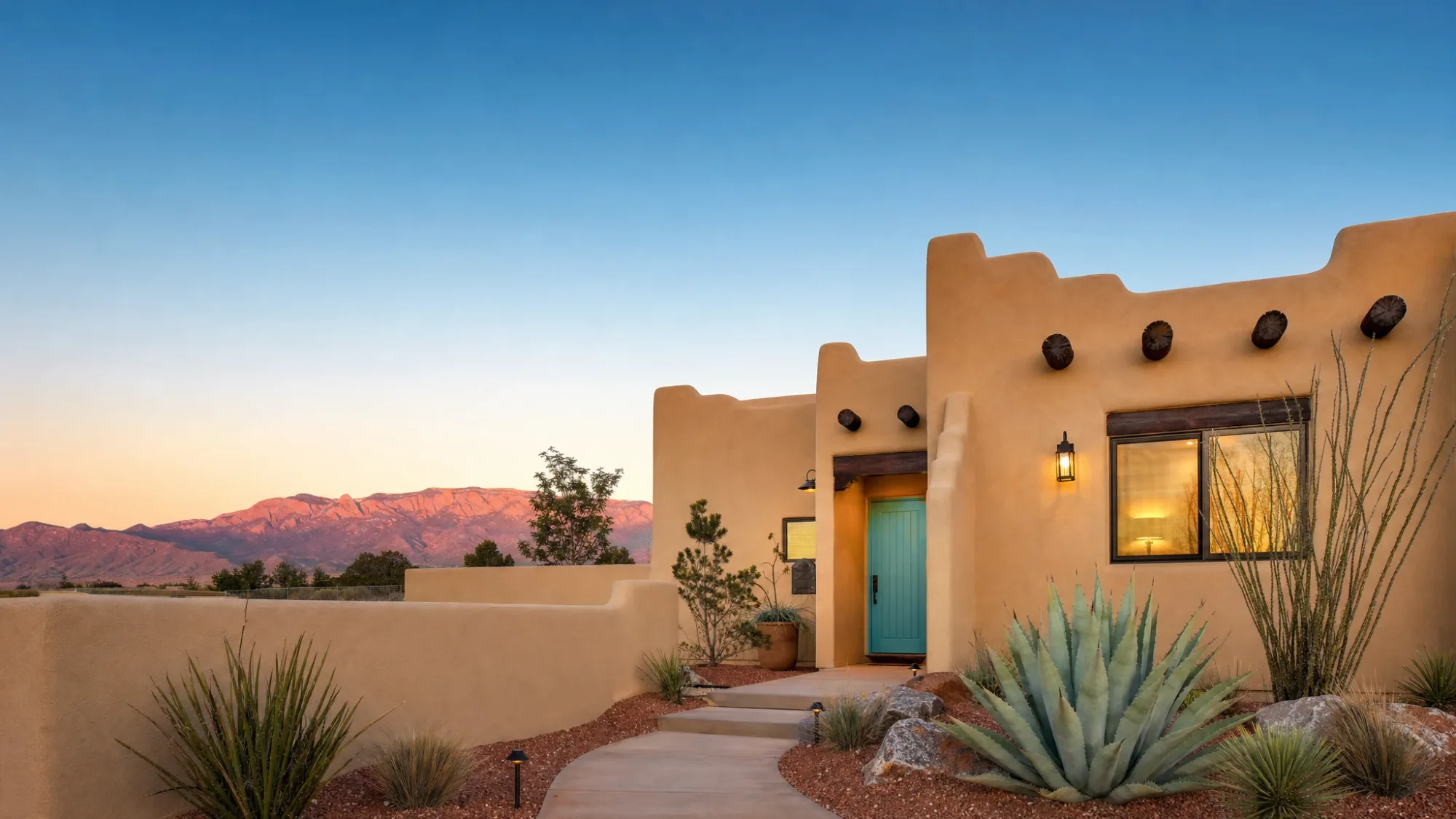 Freshly painted Pueblo Revival stucco home with the Sandia Mountains behind it