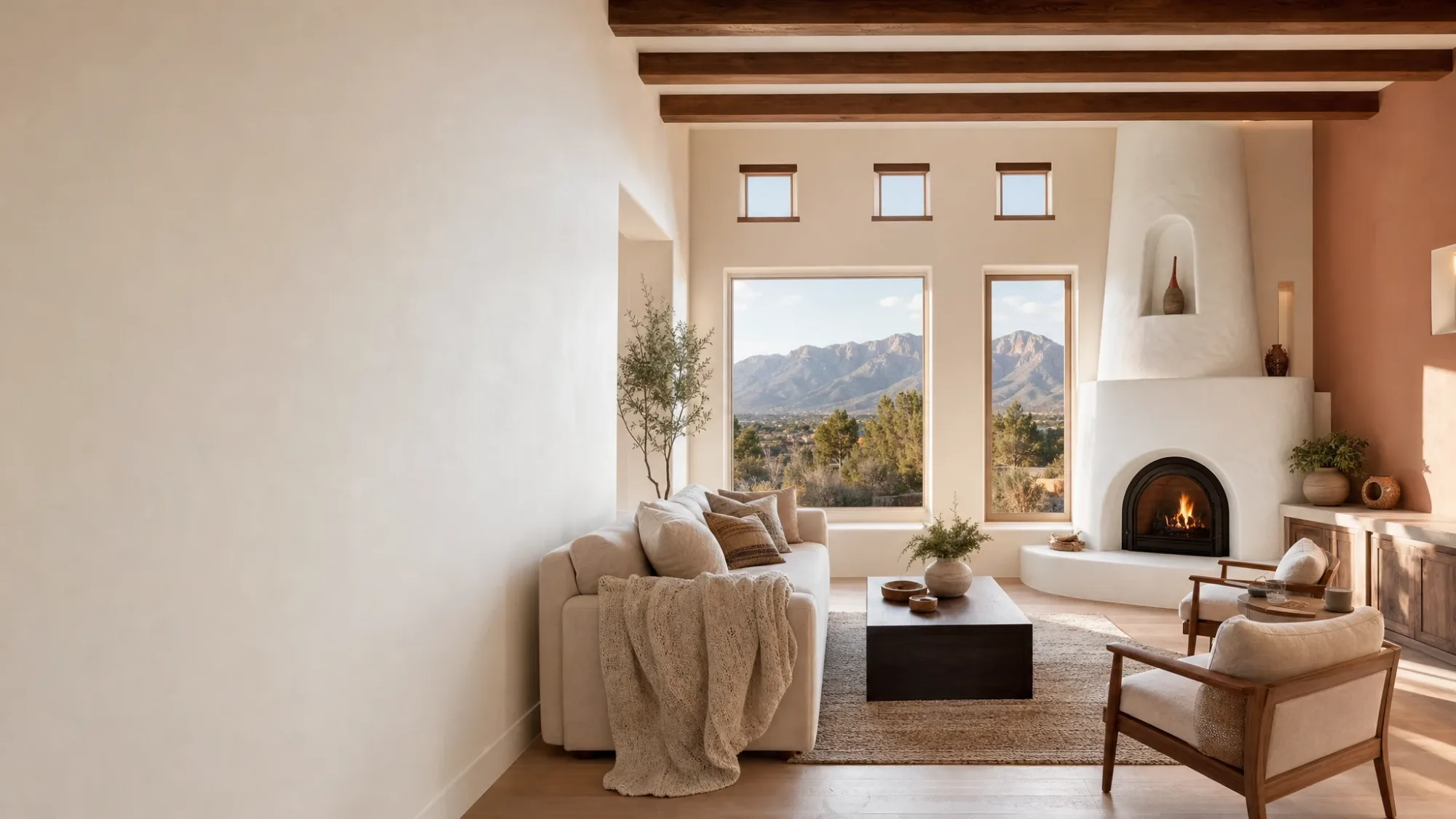 Freshly painted great room with warm white walls and vigas