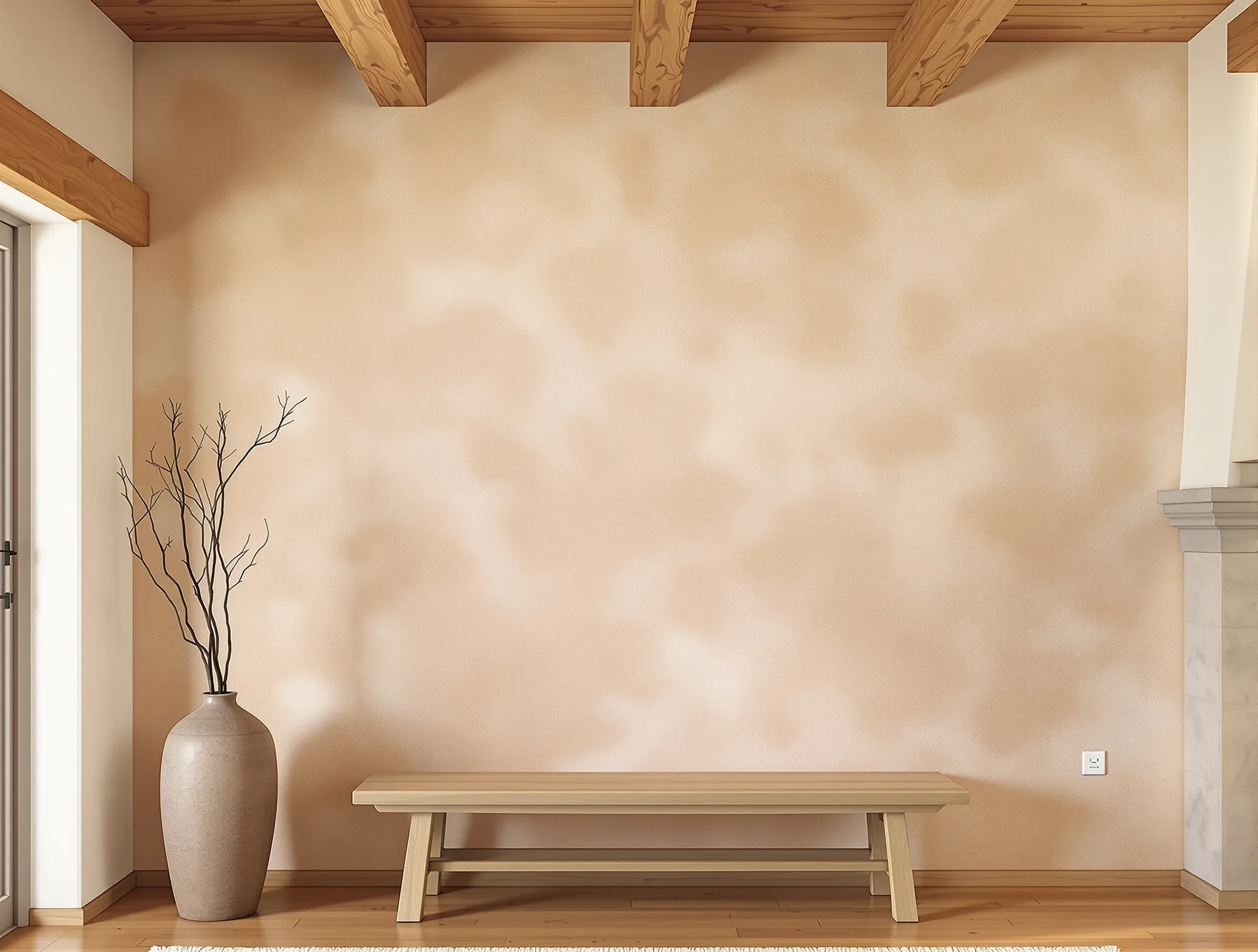 Living room accent wall in a soft clay lime wash look under wood vigas