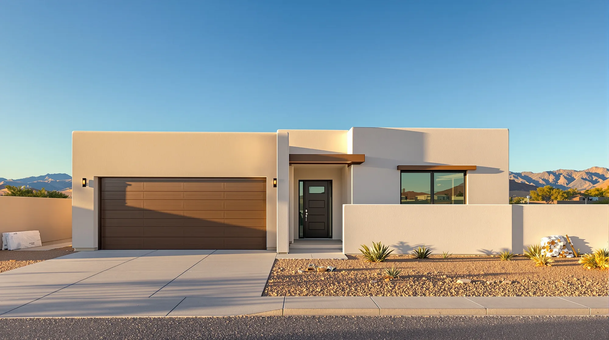 Brand new stucco home with a fresh driveway and an unfinished gravel yard, the Sandia Mountains behind it