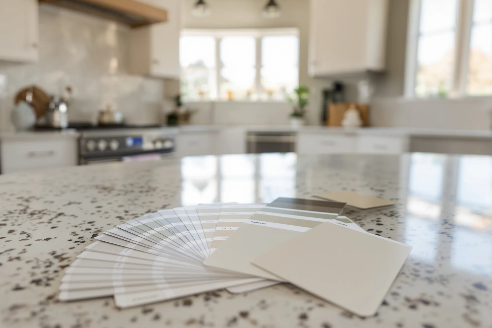 Paint color fan deck and large sample cards on the kitchen island of a new custom home