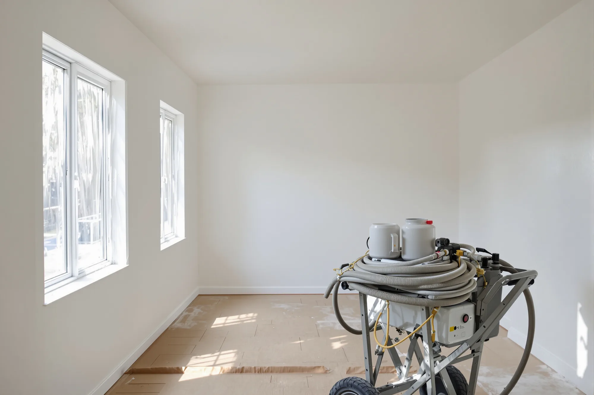 Empty new home masked for spraying, with an airless sprayer and walls in fresh white primer