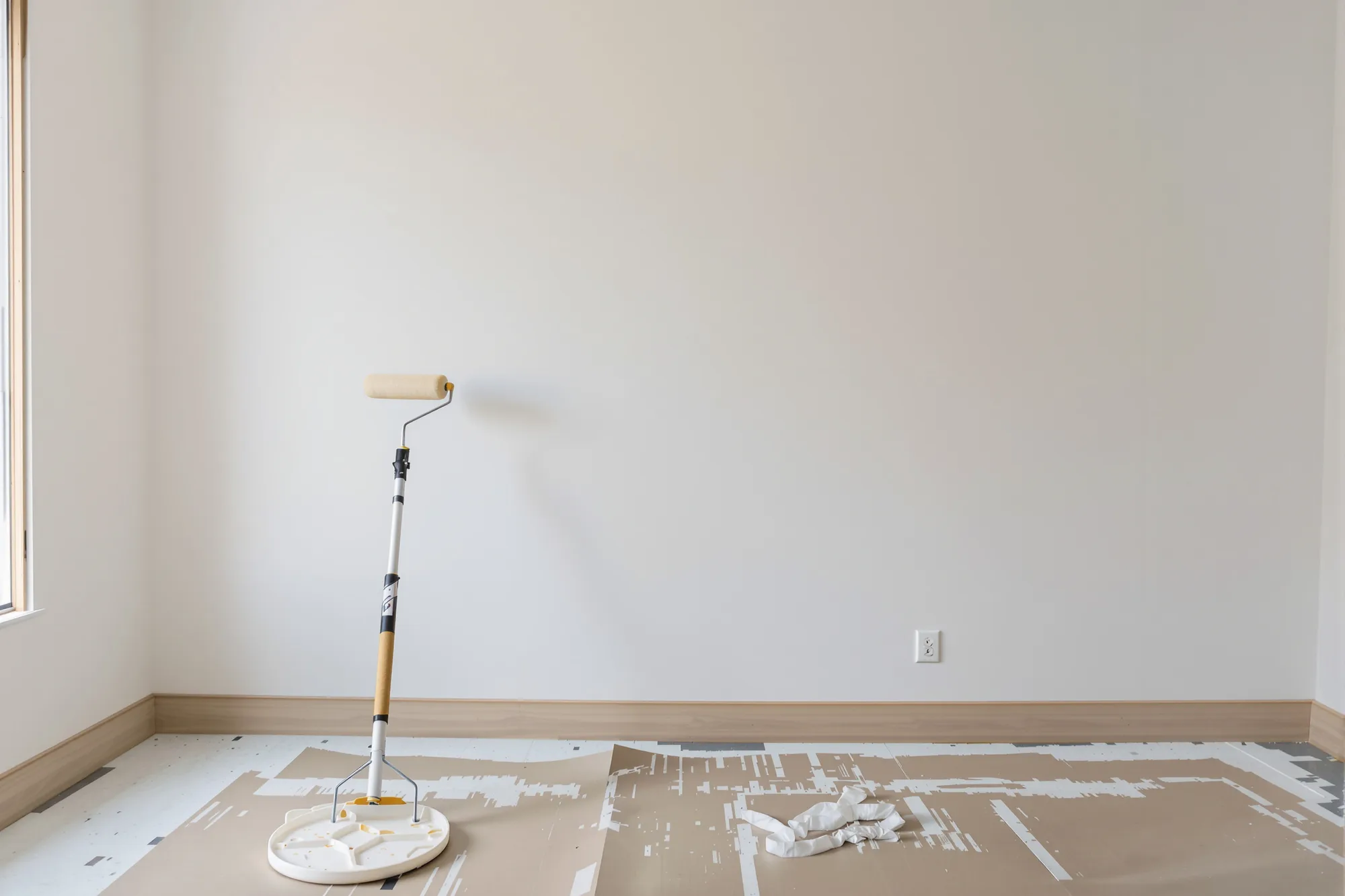 Smooth pale greige wall with a crisp line against a bright white door casing