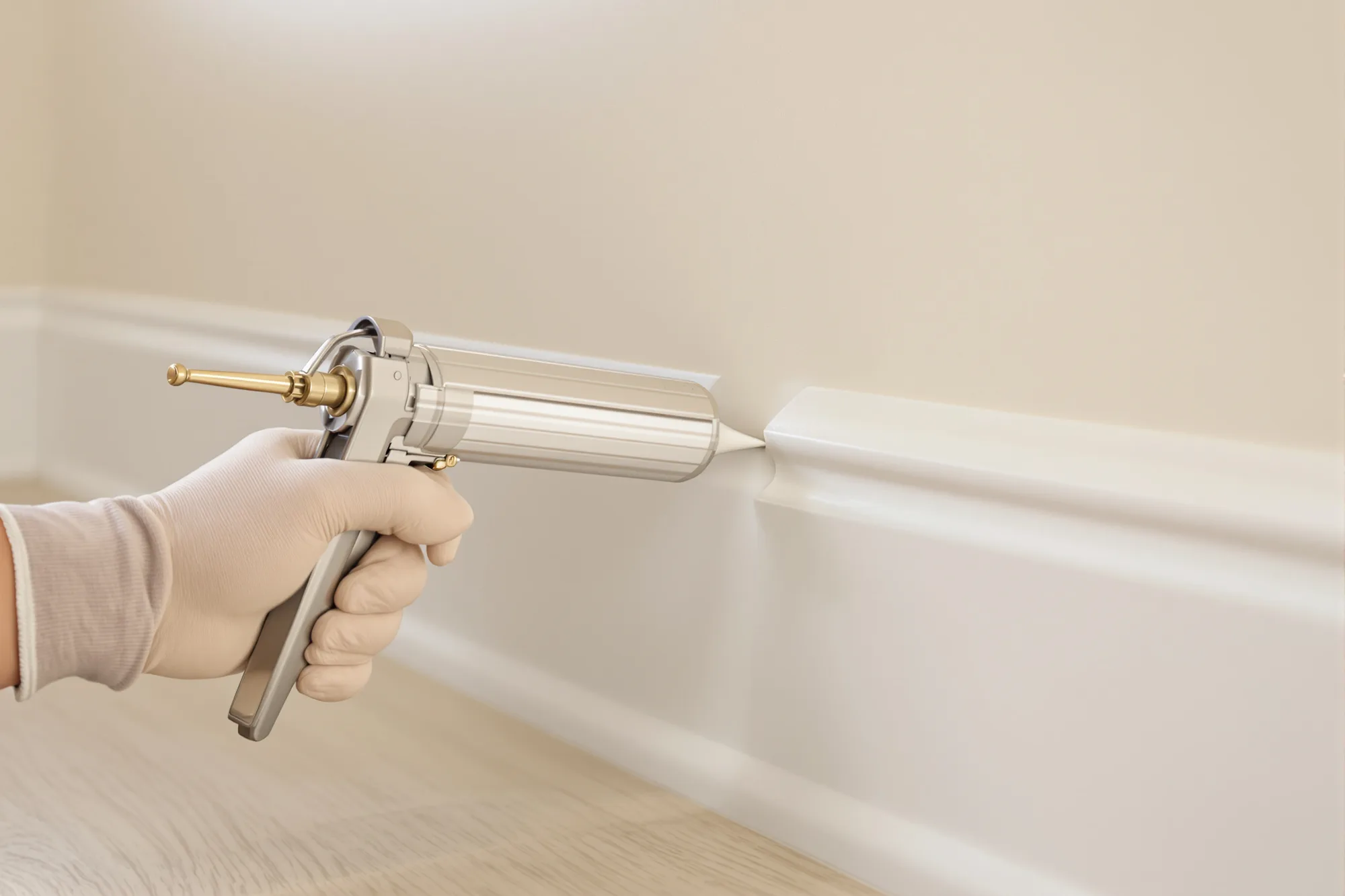 Gloved hand caulking the joint between a new white baseboard and a painted wall