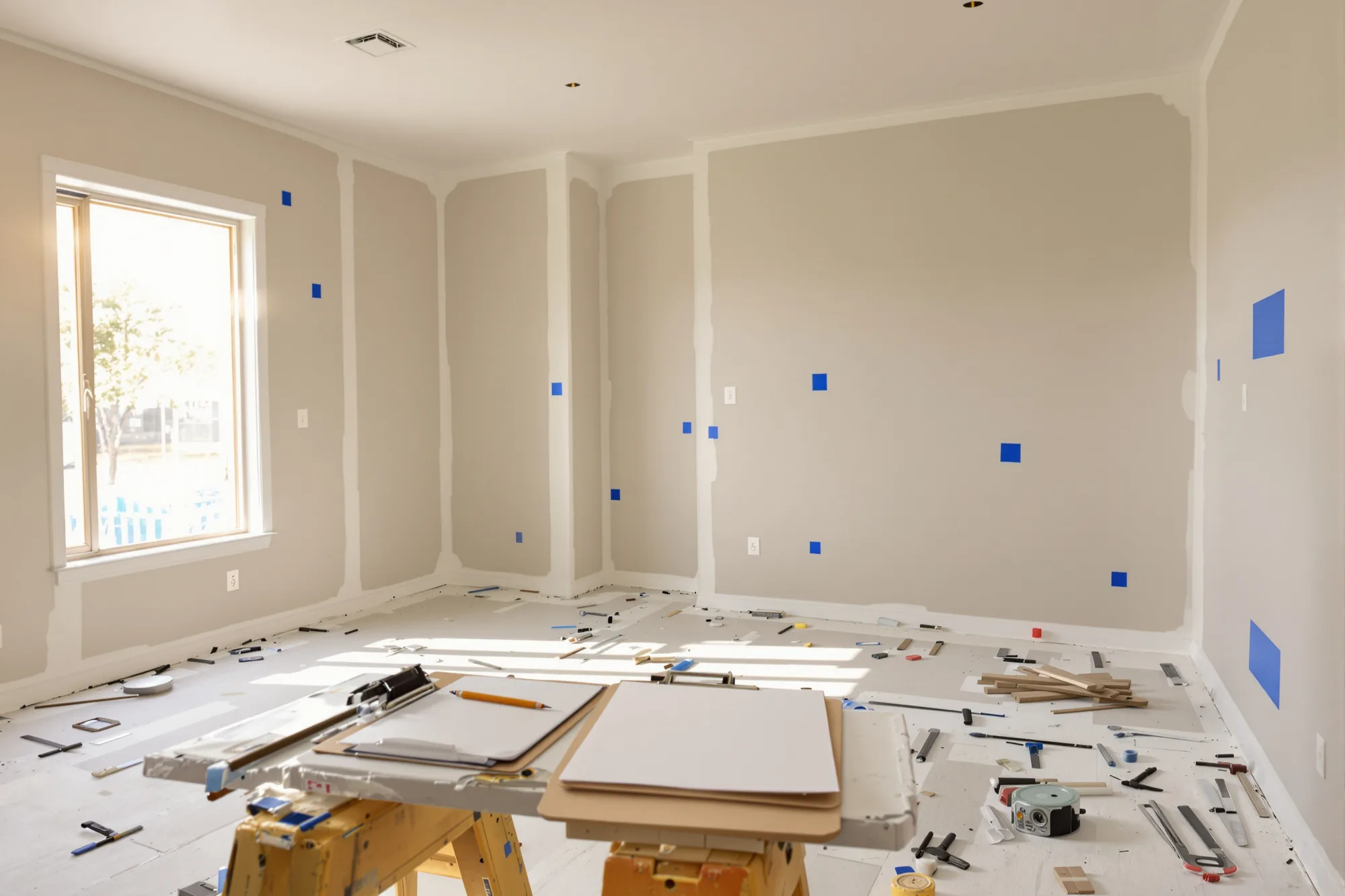 Rolled plans and a tape measure on a sawhorse in a new home with finished bare drywall