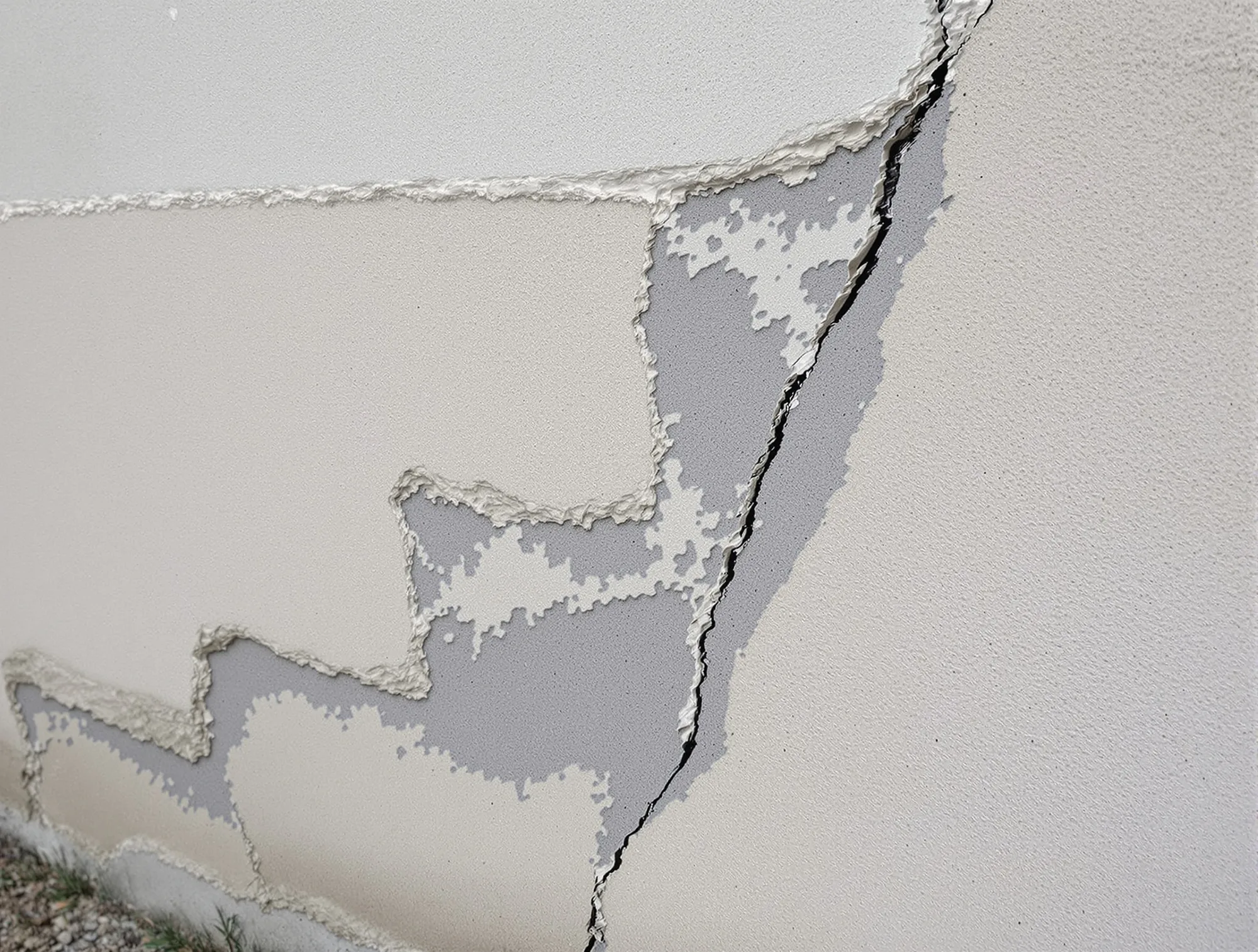 Wide stepped crack in stucco near the ground with a missing piece and wire lath showing