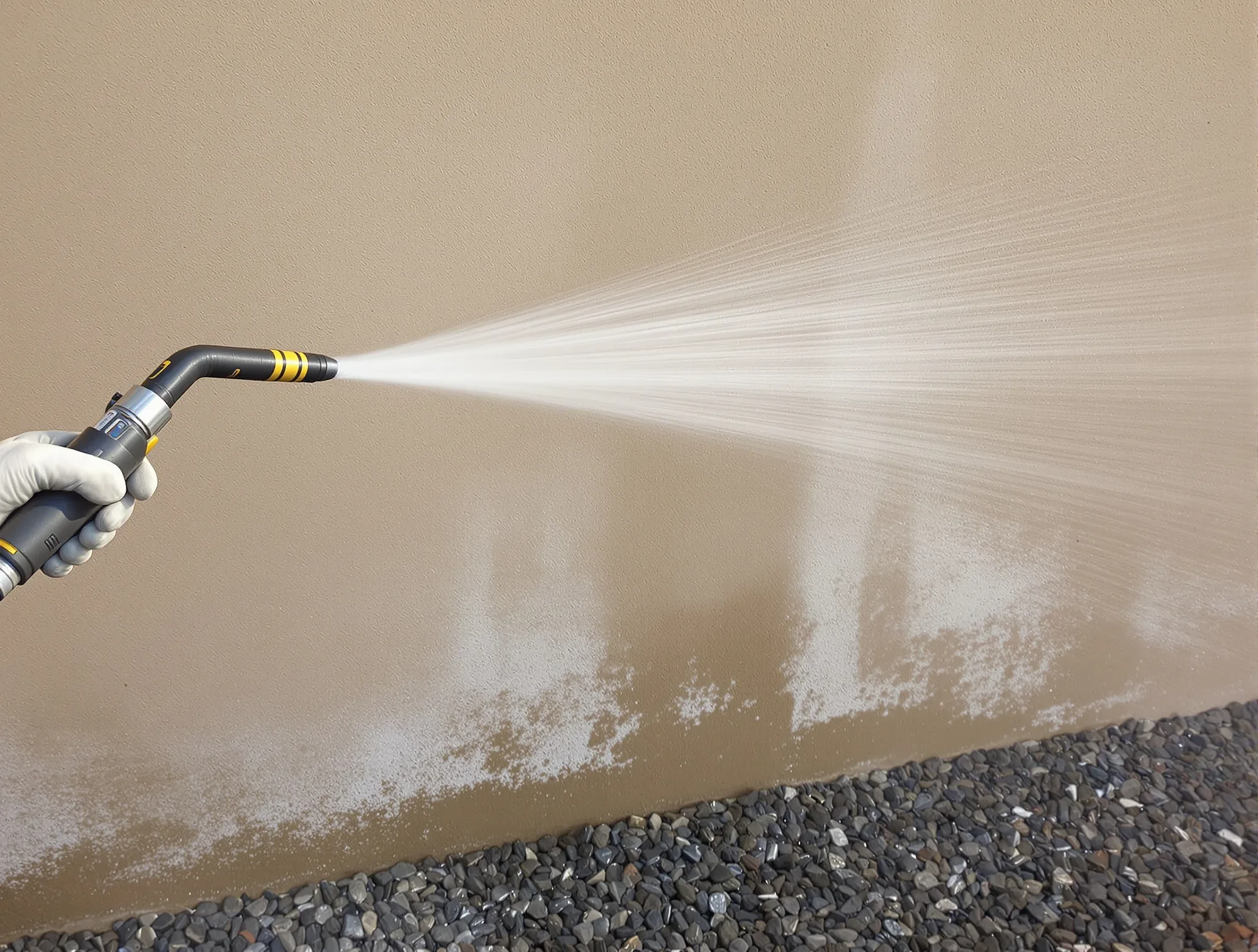 Low pressure water spray washing chalky dust off a tan stucco wall