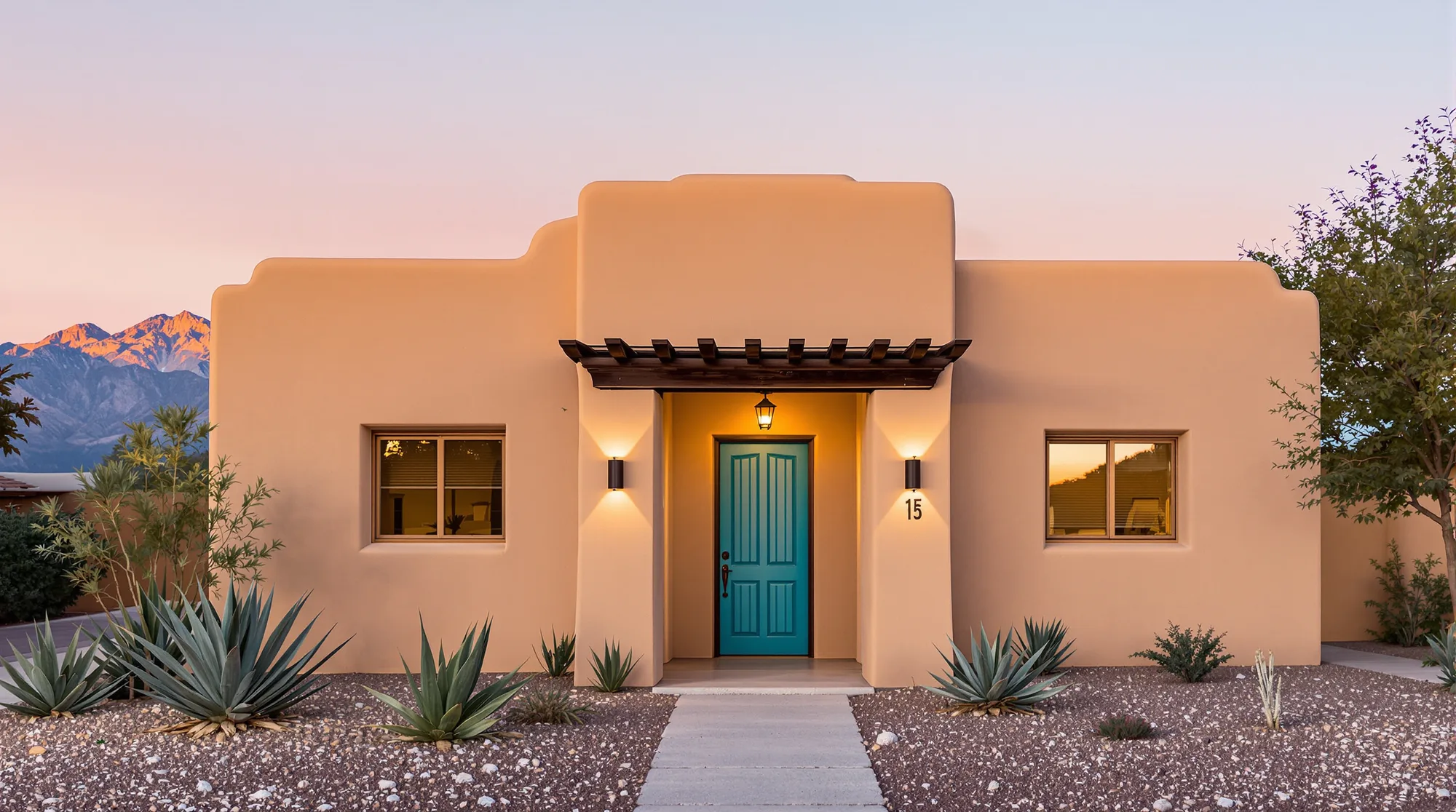Freshly painted Pueblo Revival home with adobe tan stucco, dark vigas and a turquoise door, the Sandia Mountains behind it