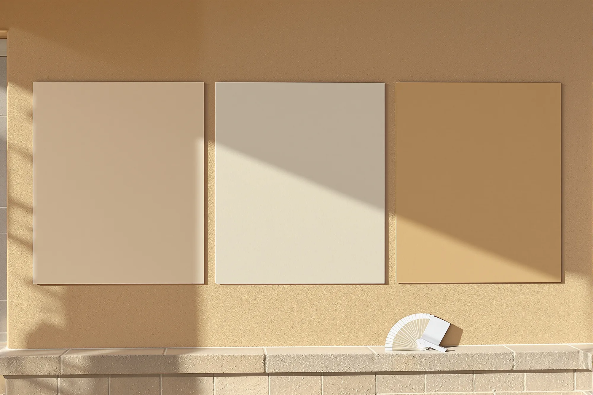 Three large sand, sage and adobe paint samples on a tan stucco wall beside a window